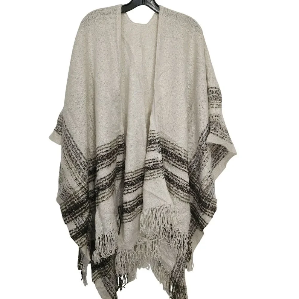 Striped‎ Acrylic Poncho Shawl With Fringe Hem For Women